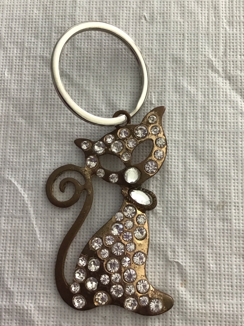 Vintage Rhinestone Cat Keychain Gold Tone